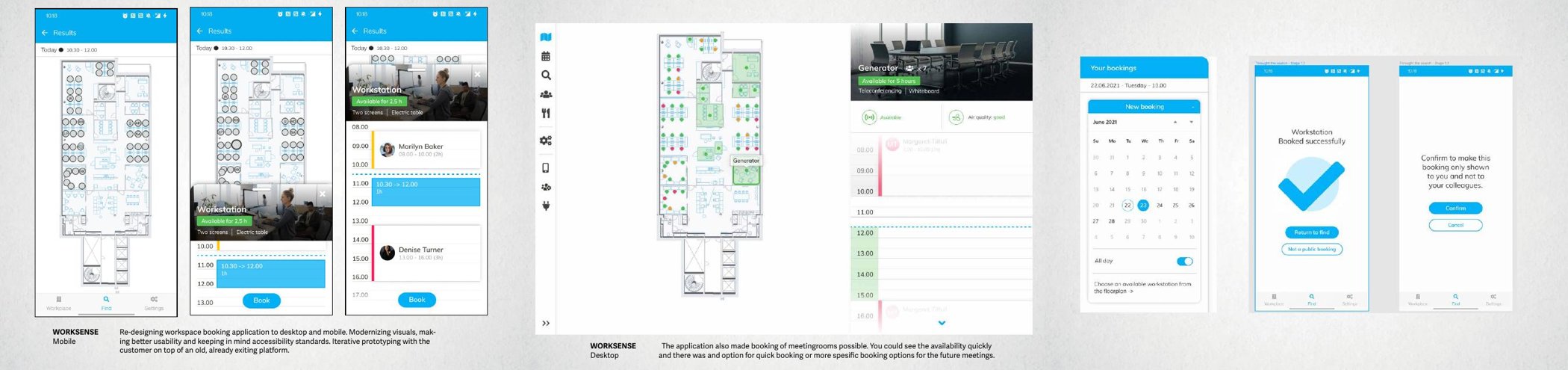 Mobile workspace booking flows and desktop availability interface for Worksense